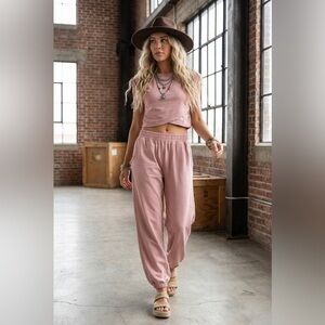 Eesome Mineral Washed Hot Shots Wrap Crop Top and Jogger Sweat Pants Set Rose